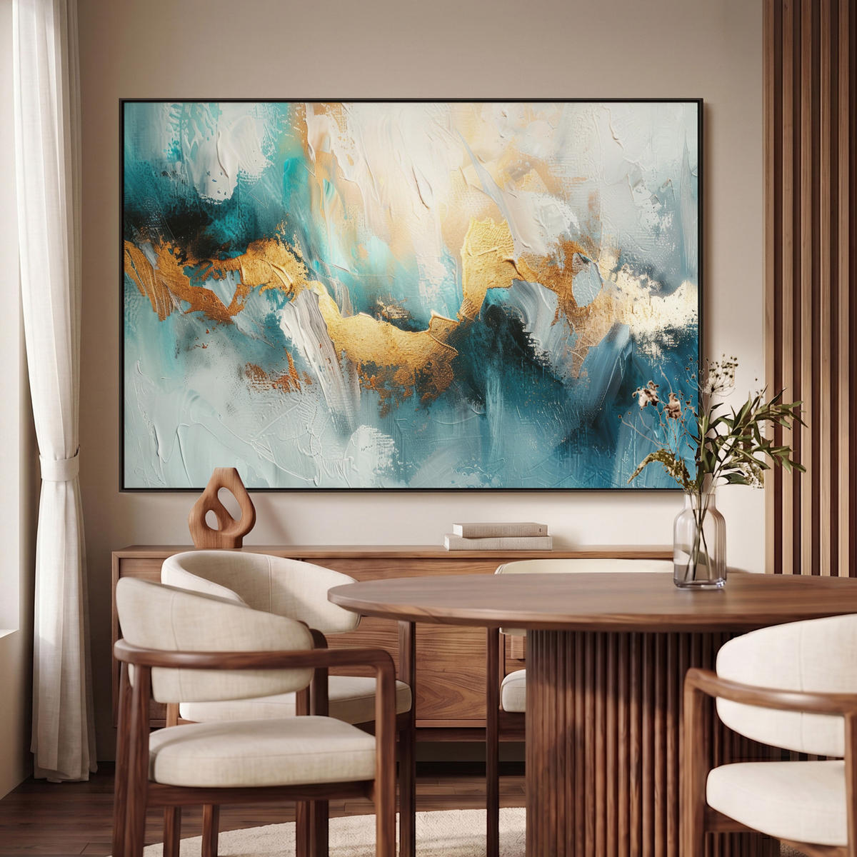 LEINWAND Bilder mit Rahmen - Abstrakt - Kunst - Gold - Blau - 150x100 - Petrol, Textil (150/100cm) - MuchoWow