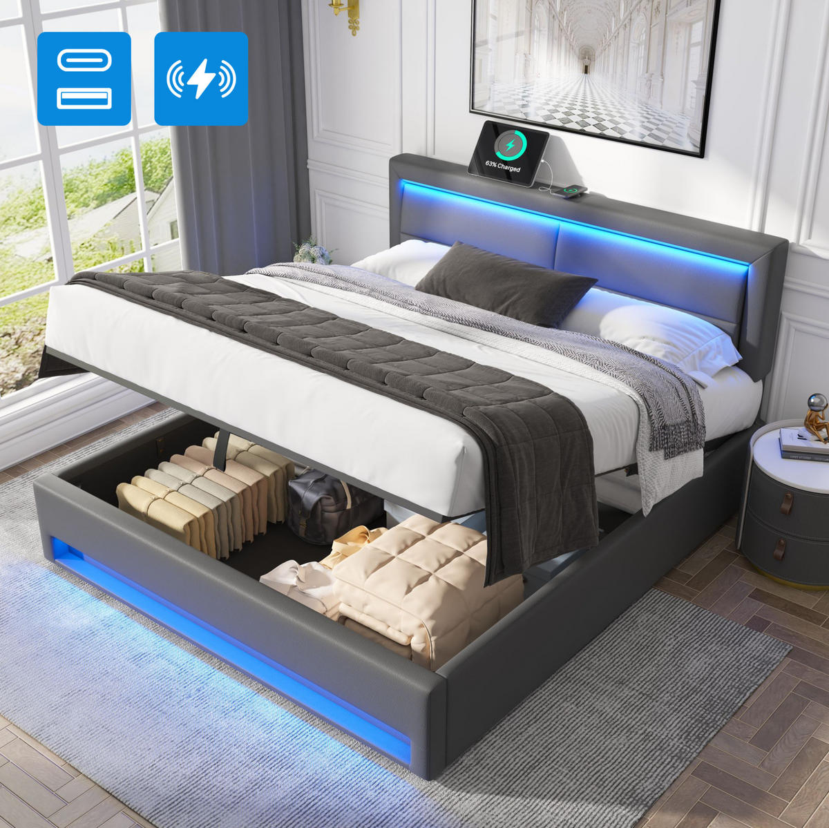 POLSTERBETT 140/200 cm Grau aus PU mit LED, USB und Stauraum - Grau, Kunststoff (140/200cm) - OKMYHOME