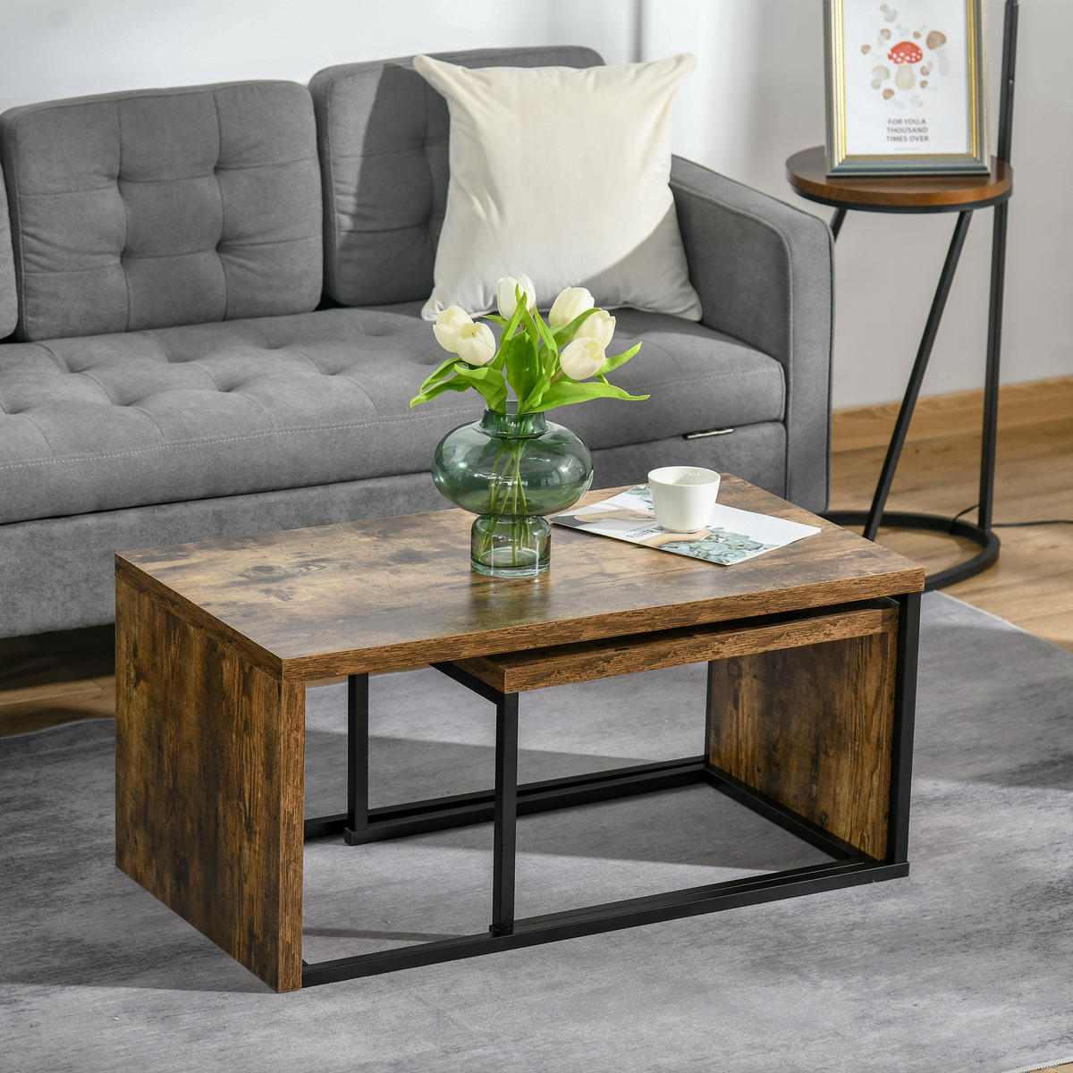 COUCHTISCH DE-15730 2er-Set nestbar, industrieller Stil Schwarz - Braun, Holzwerkstoff (90/48/42cm) - ComfortXL