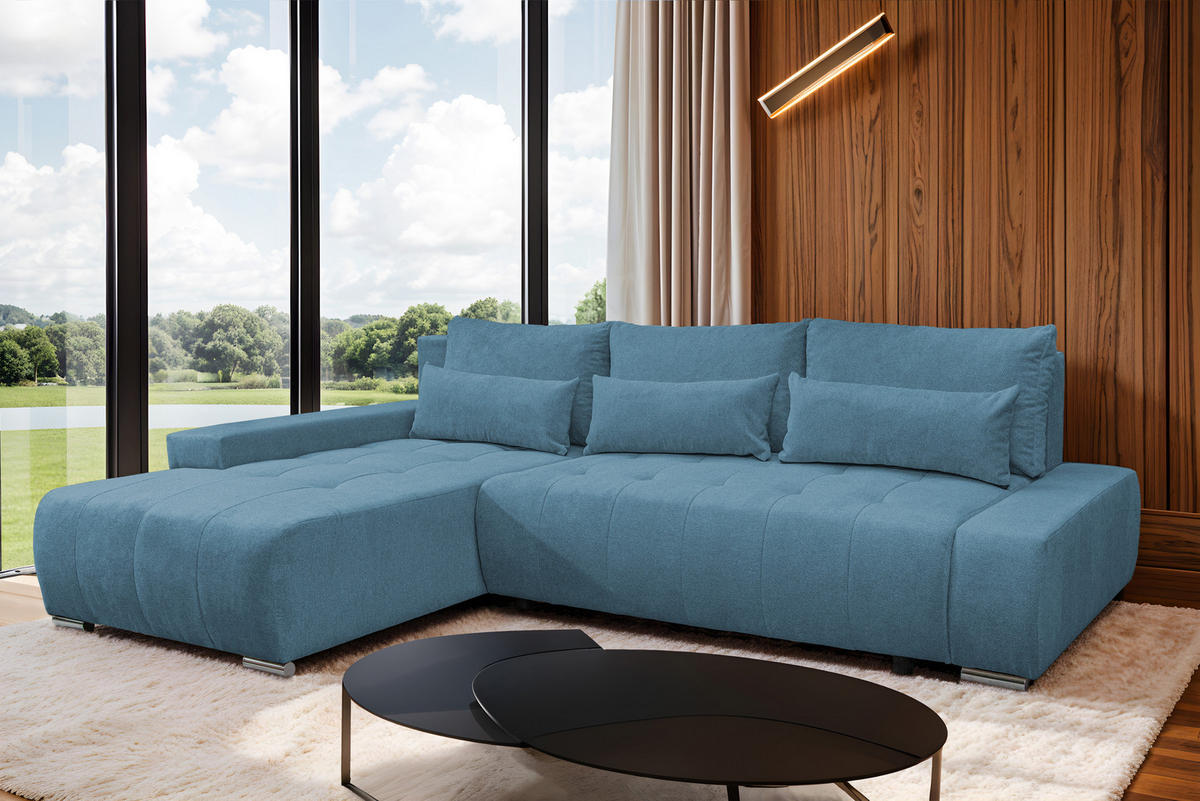 ECKSOFA Bloom mit Bettkasten und Schlaffunktion L-Form - Blau, Textil (267/185cm)