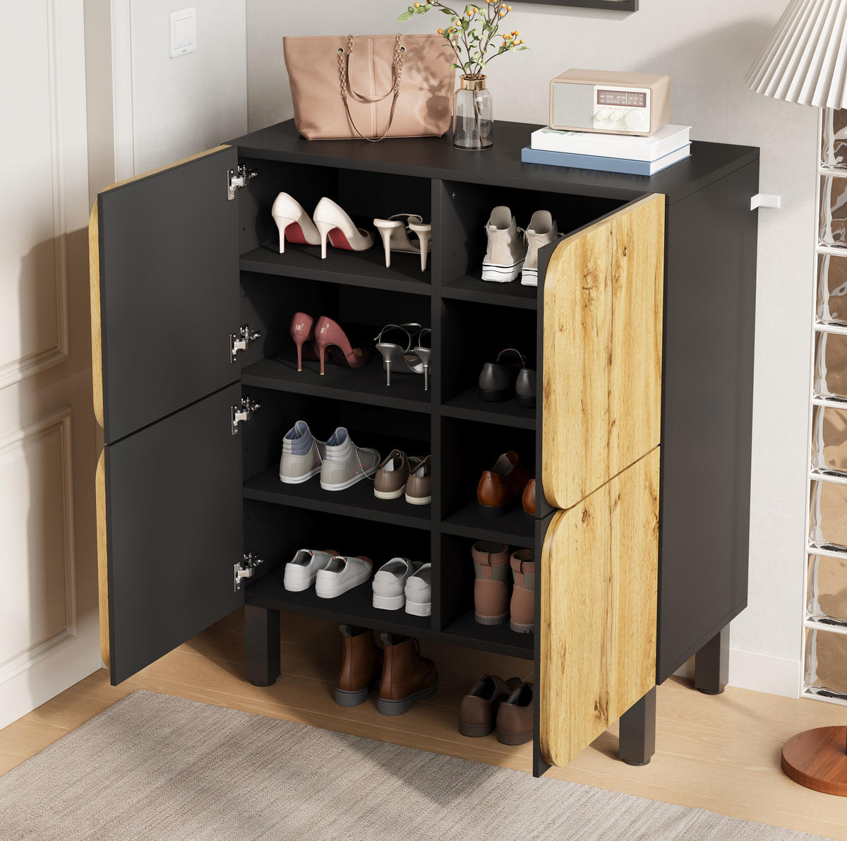 SCHUHSCHRANK 80/38,5/95 cm mit 4 Türen, Soft-Close und Ablagefläche - Schwarz, Holzwerkstoff (80/95/38.5cm) - BEAOK