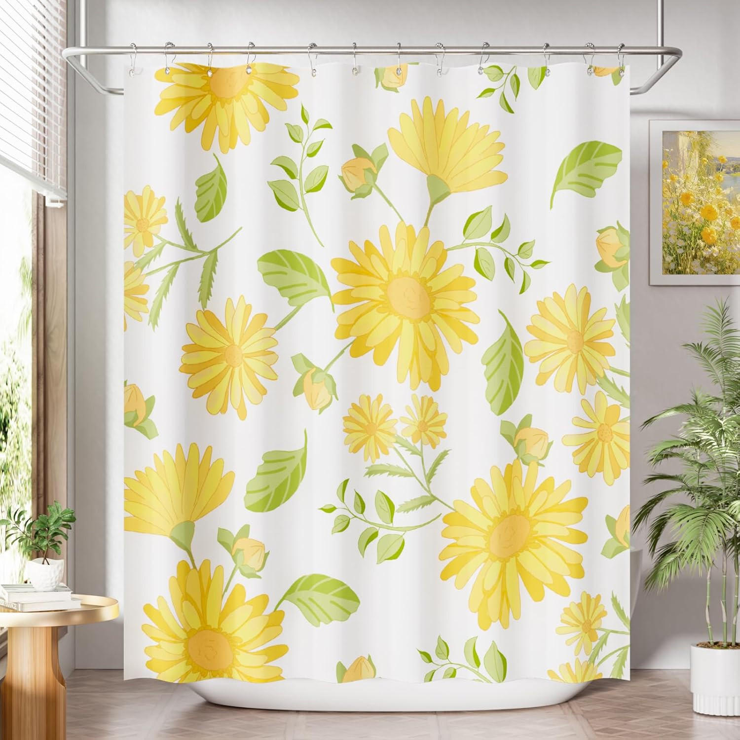 DUSCHVORHANG Gelb Eukalyptus floral 180 x 180 cm rustikal Stoff mit Haken - Multicolor, Textil (180/180cm) - MCBOSON