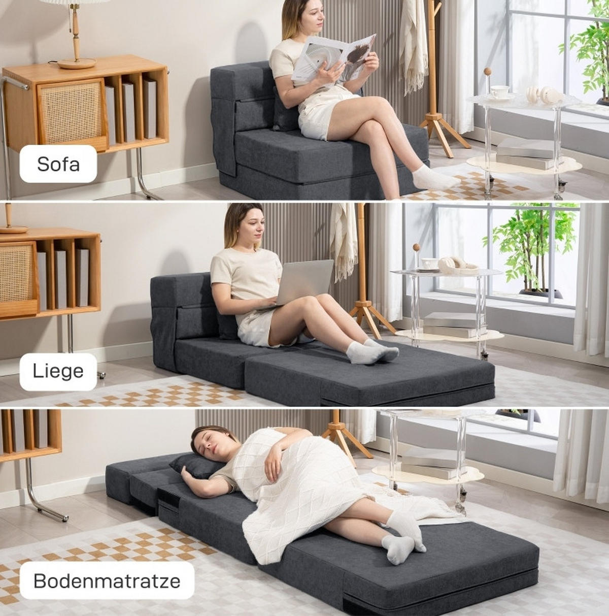SCHLAFSESSEL 80/80/64 cm in Dunkelgrau, klappbar mit Bettfunktion und Kissen - Dunkelgrau, Textil (80/64/80cm) - Flora Grace