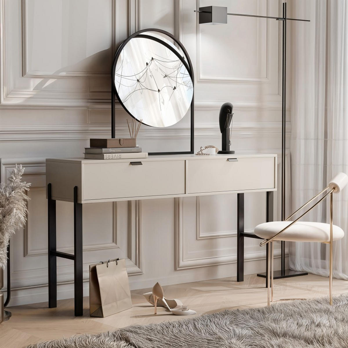 KONSOLENTISCH Cortina mit 2 Schubladen, Sandbeige - Sandfarben/Schwarz, Holzwerkstoff (37/160/83cm) - Beautysofa