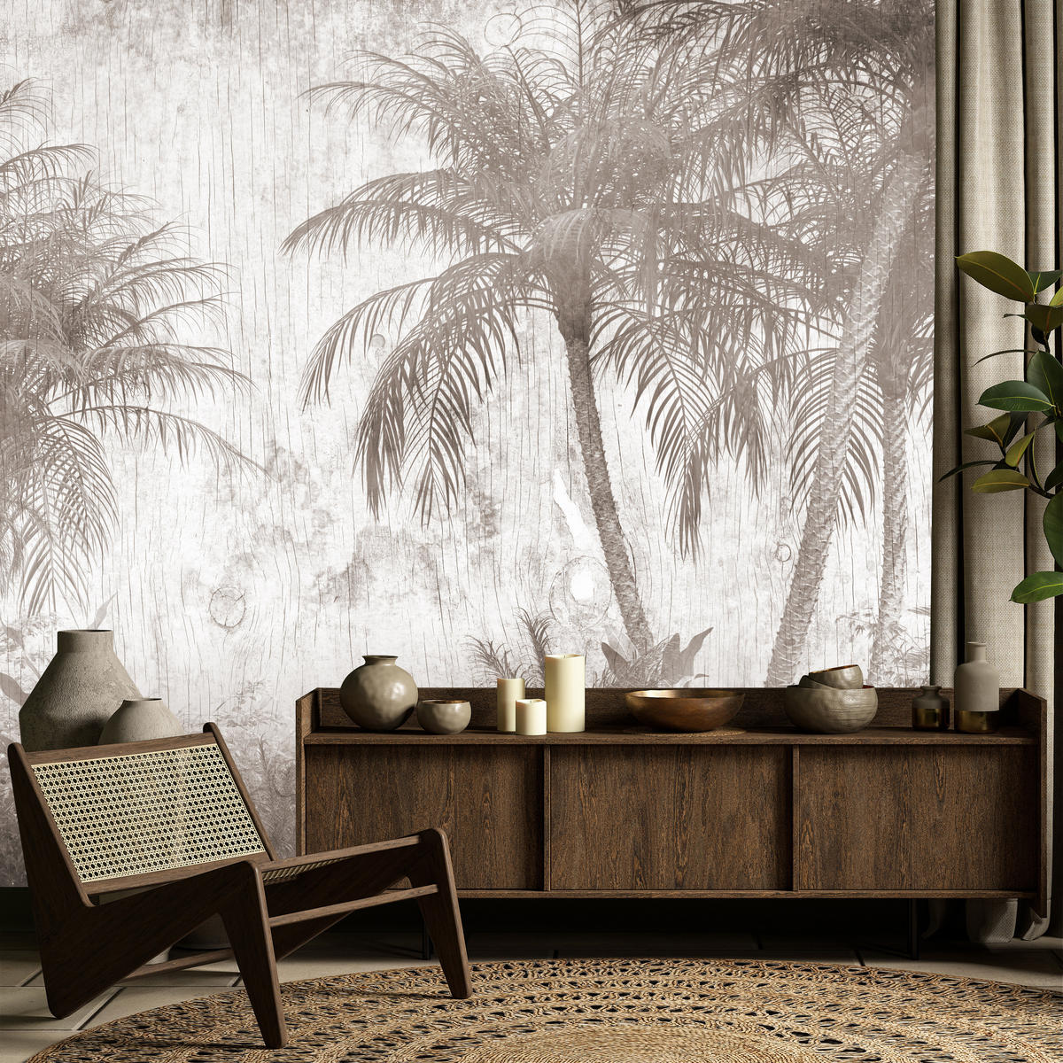 FOTOTAPETA Pre Spálňu Tropické Palmy Rustikálna Béžová 250 x 175 cm - hnedá/béžová, papier (250/175cm) - Muralo