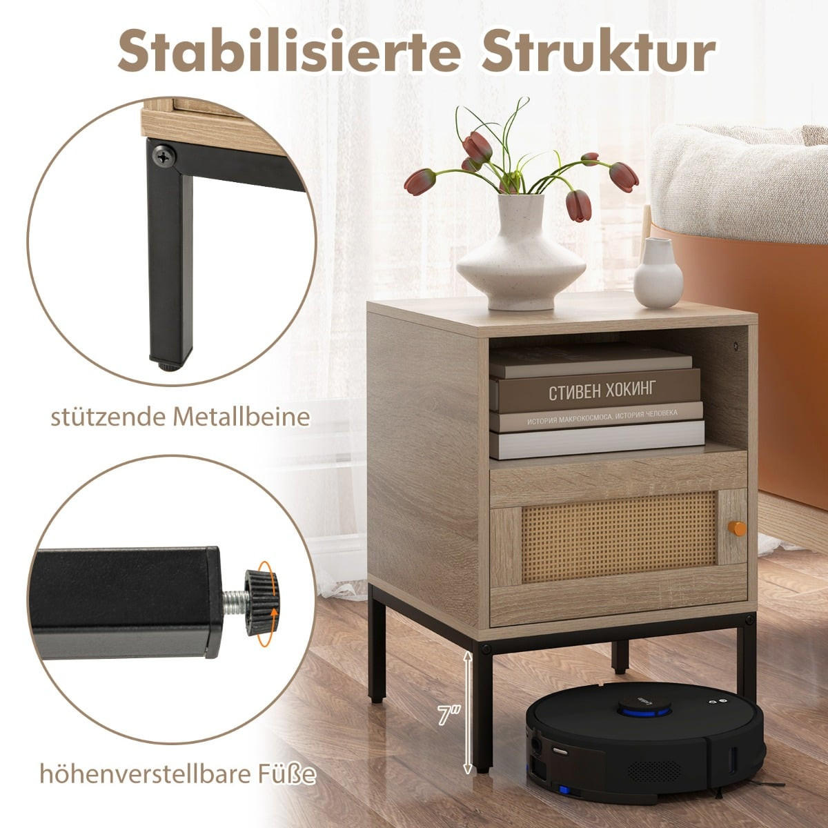NACHTTISCH Natur mit Regal und Schrank, 40x40x57 cm - Edelstahlfarben/Naturfarben, Holzwerkstoff/Metall (40/57/40cm) - DESIGN IN