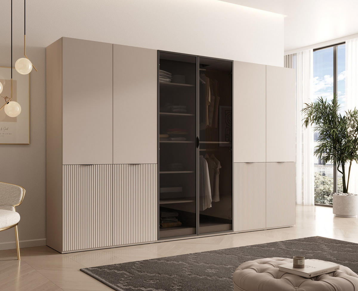 KLEIDERSCHRANK ZEN (Modular, Cashmere Matt, Cashmere & Getöntes Glas Antisol, 6-türig) - Kaschmir/Schwarz, Holz/Holzwerkstoff (303/200/51cm) - Ravio