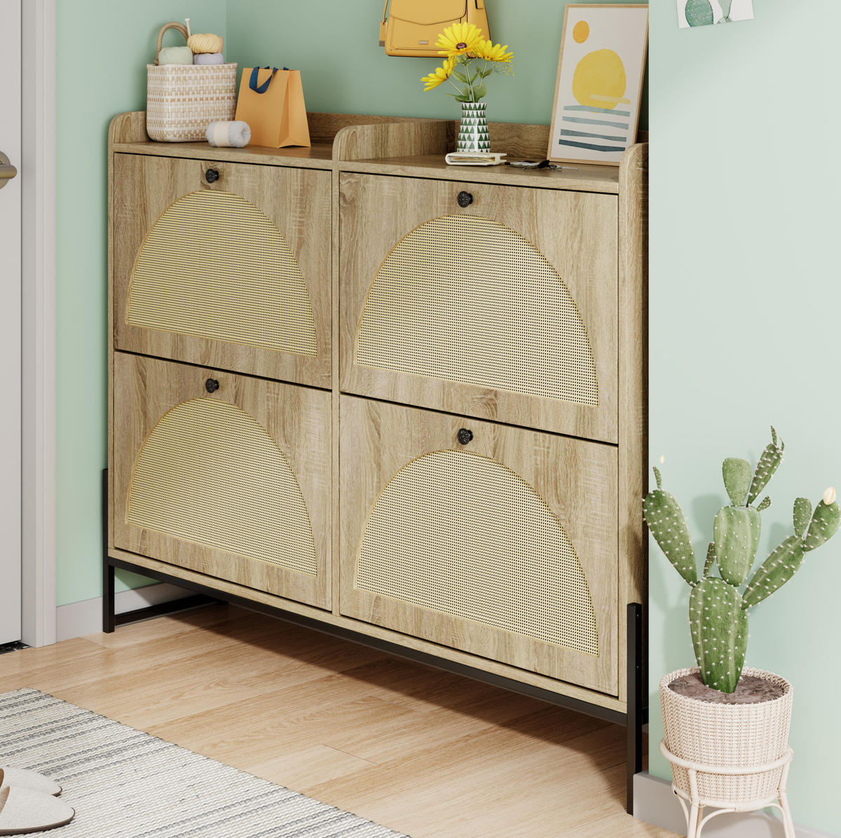 SCHUHSCHRANK 121/25/91,5 cm in Natur mit 4 Klappen und PE-Rattan - Naturfarben, Holzwerkstoff (118/91.5/25cm) - Flora Grace