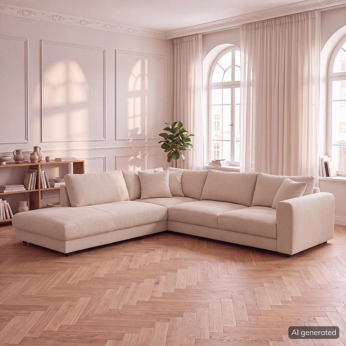 ECKSOFA mit Ottomane - Beige/Schwarz, Holz/Kunststoff (267/254cm) - home24