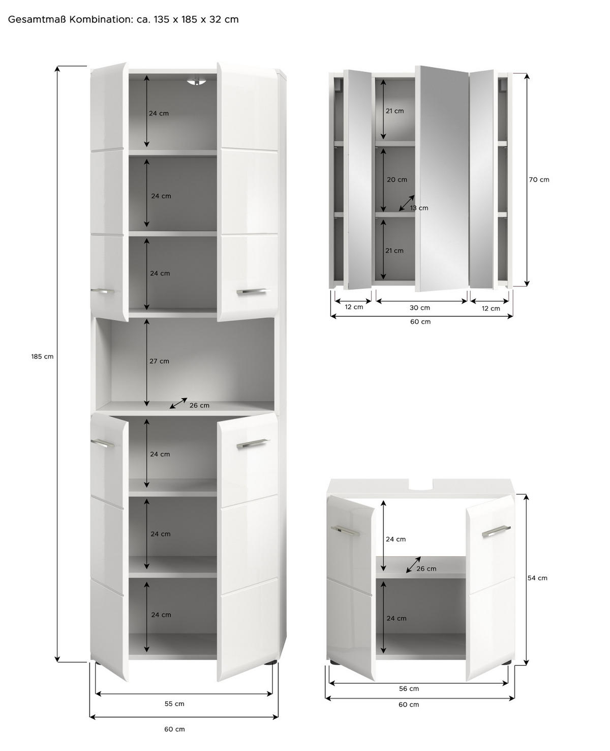 BADMÖBEL-SET 3-teilig weiß Hochglanz, Badkombination 135 cm mit viel Stauraum - Weiß Hochglanz/Silberfarben, Glas/Holzwerkstoff (135/185/30cm) - Inn.Furn