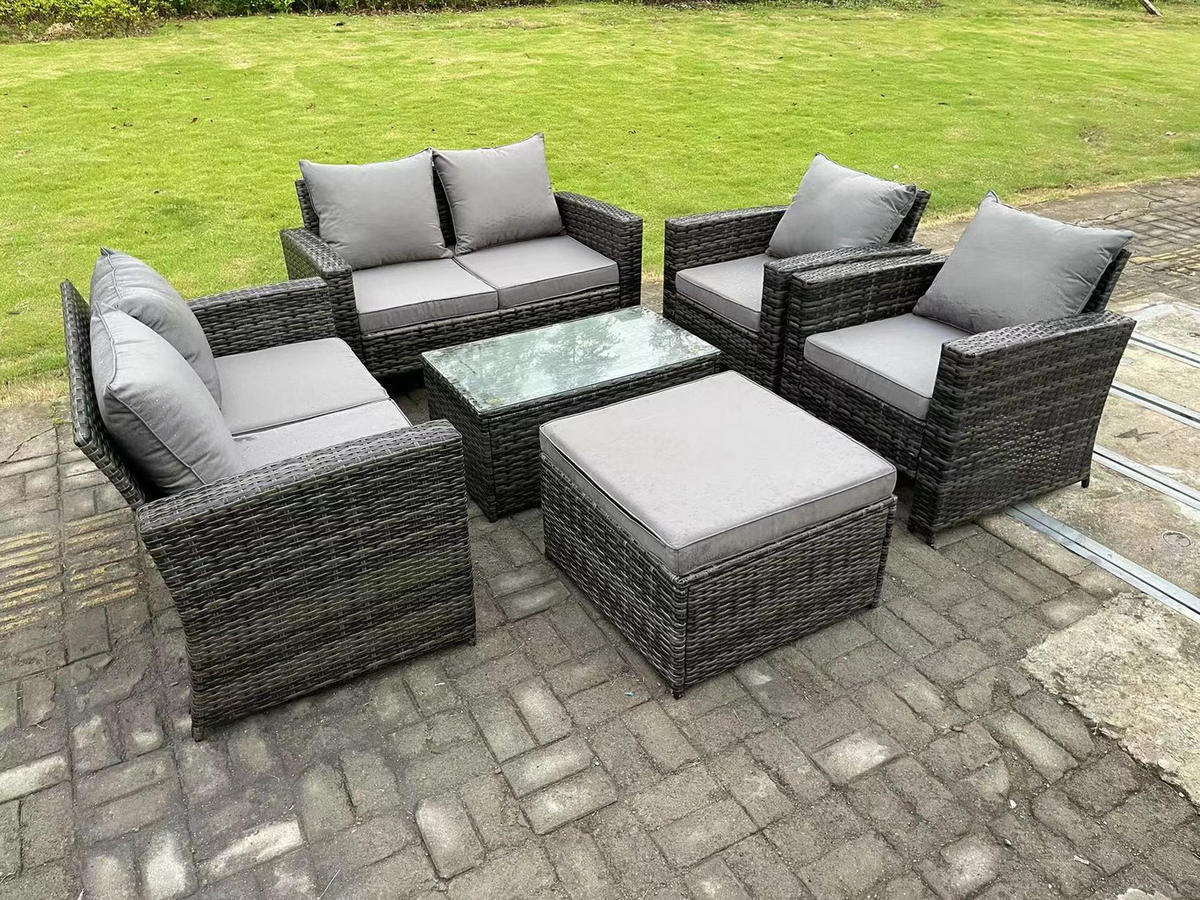 GARTENMÖBEL Set Polyrattan Dunkelgrau 7-Sitzer - Dunkelgrau, Metall - Fimous