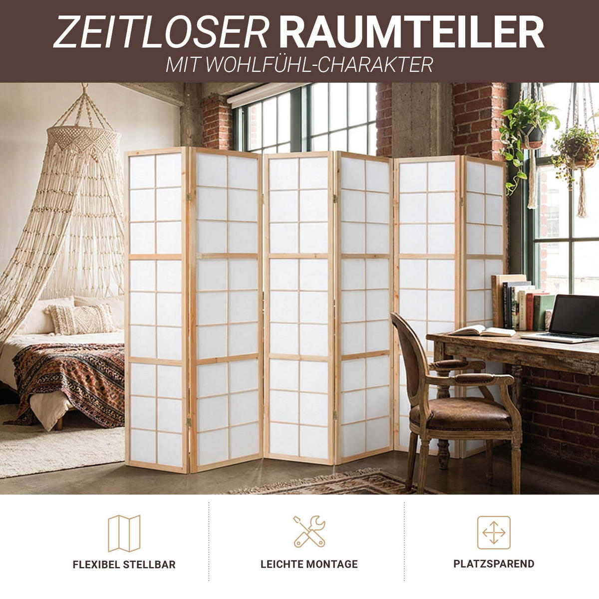 PARAVENT 6-tlg. 264/175 cm Braun Shoji - Braun, Holz (264/175/2cm) - Homestyle4u