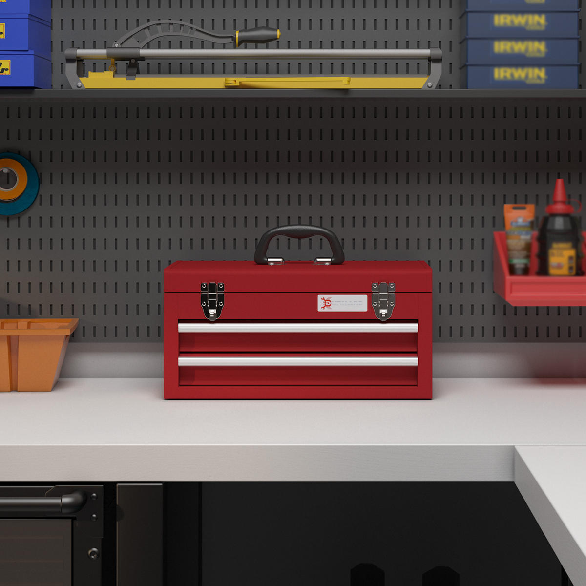 WERKZEUGKOFFER leer, 46 x 24 x 22 cm Werkzeugkasten mit 2 Schubladen Rot - Rot, Metall (24/22/46cm) - DURHAND