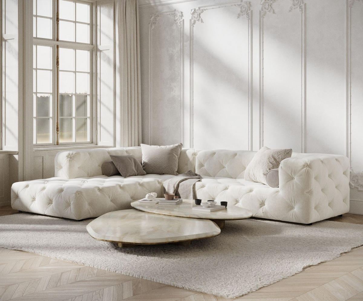 ECKSOFA Cosimo Creme Samtstoff - Creme/Schwarz, Holz/Holzwerkstoff (325/228cm) - Maison de Reve