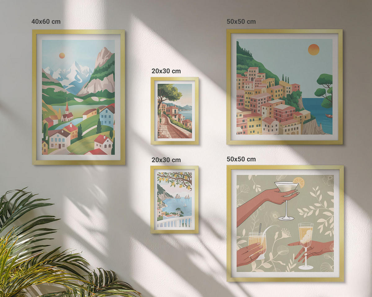 WANDBILDER 5er Set - 50x50 cm & 20x30 cm & 40x60 cm Goldrahmen - Meereslandschaften, Zitrusfrüchte - Goldfarben, Kunststoff (40/60cm) - ArtPrintCave