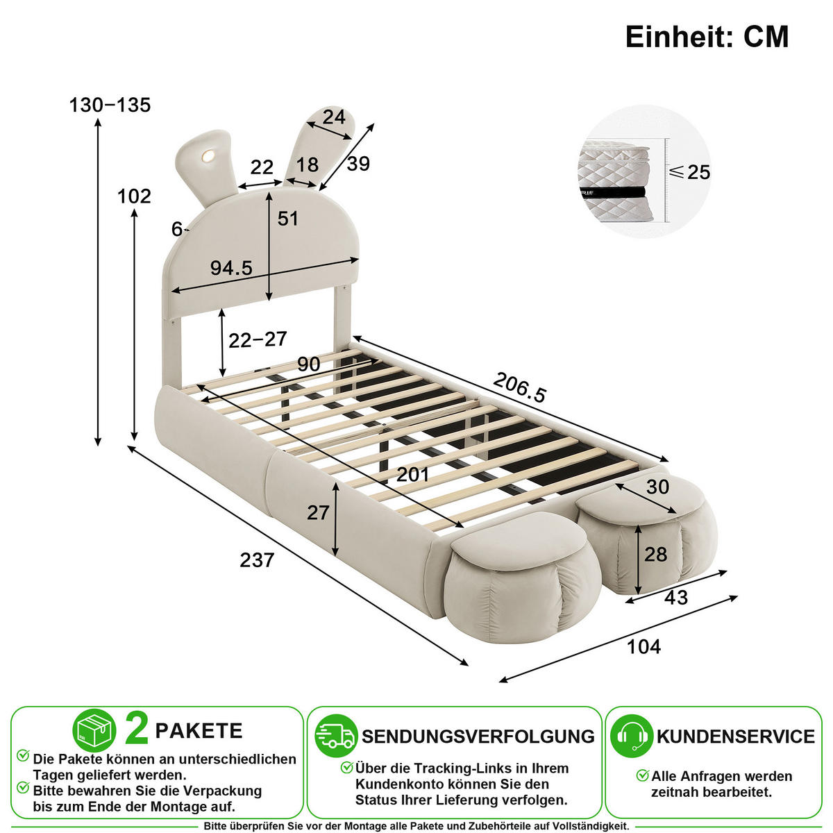 POLSTERBETT 90/200 cm in Beige Samt mit LED und Hasenohren - Beige, Holzwerkstoff/Textil (90/200cm) - CHICFURN