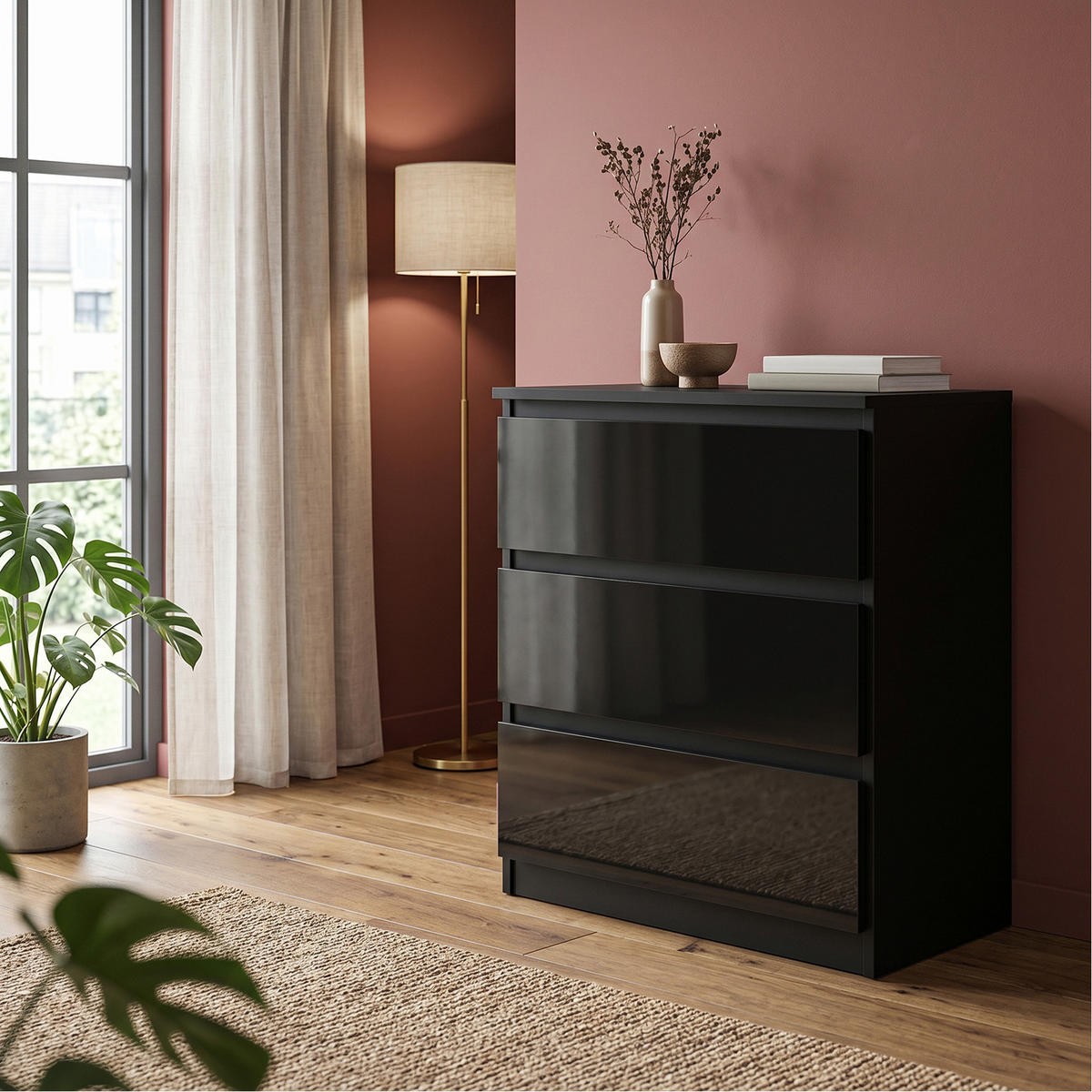 KOMMODE NUDO 70/78,5/39cm mit 3 Schubladen Türen Schwarz - Schwarz Hochglanz/Schwarz, Holzwerkstoff (70/78.5/39cm) - MASSENO
