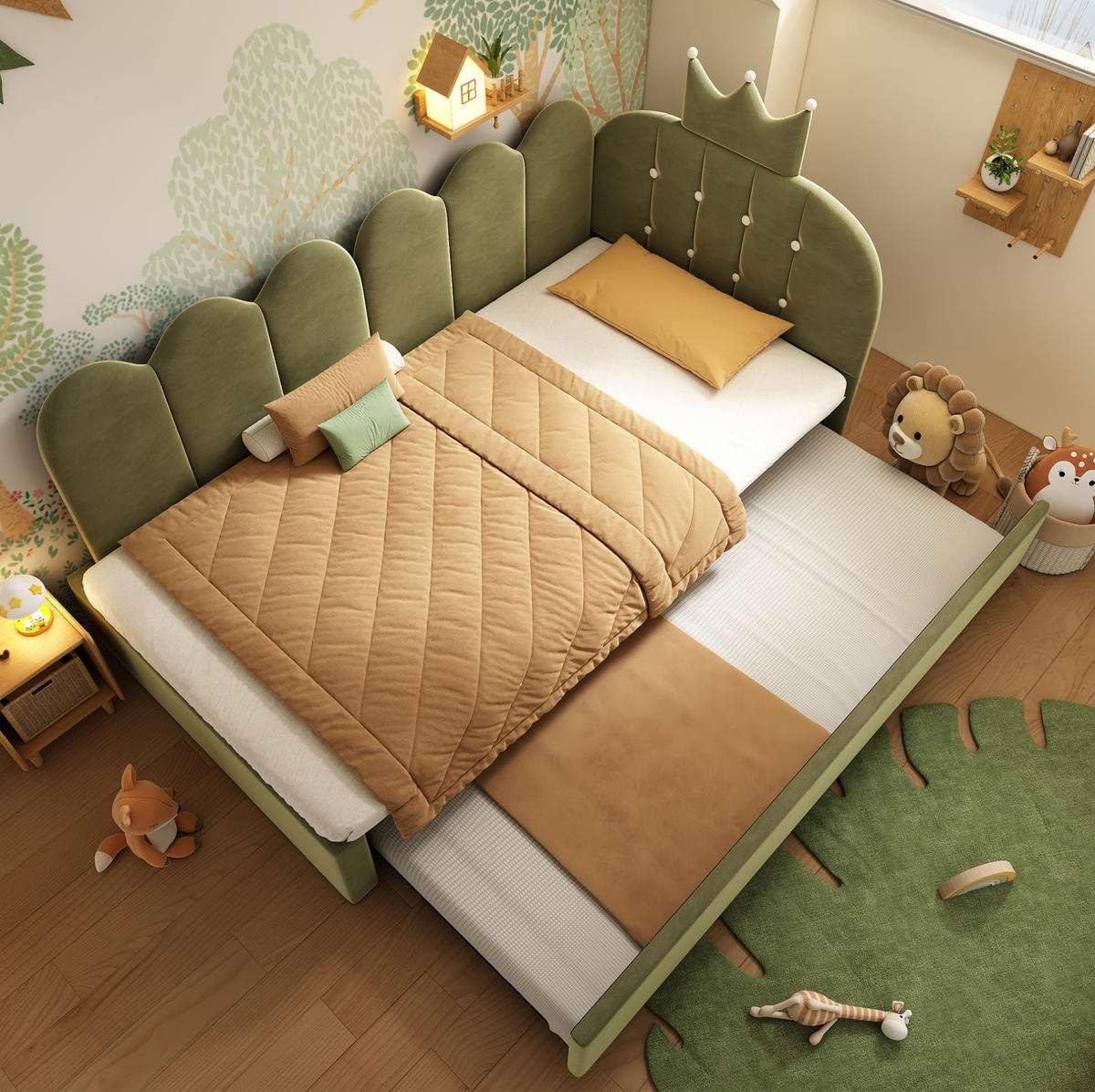 KINDERBETT aus Samt 90x200 cm Grün mit Ausziehbett und Kronen-Gitterdesign - Grün, Textil (90/200cm) - Modfu