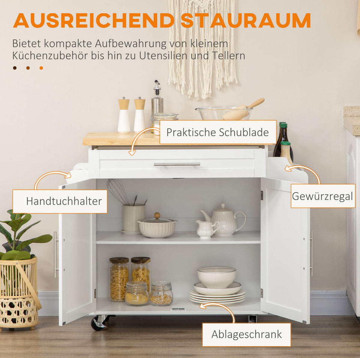 KÜCHENWAGEN 109x40x89cm Weiß mit Schublade,Schrank & Arbeitsplatte - Weiß, Holzwerkstoff (109/89/40cm) - Modfu