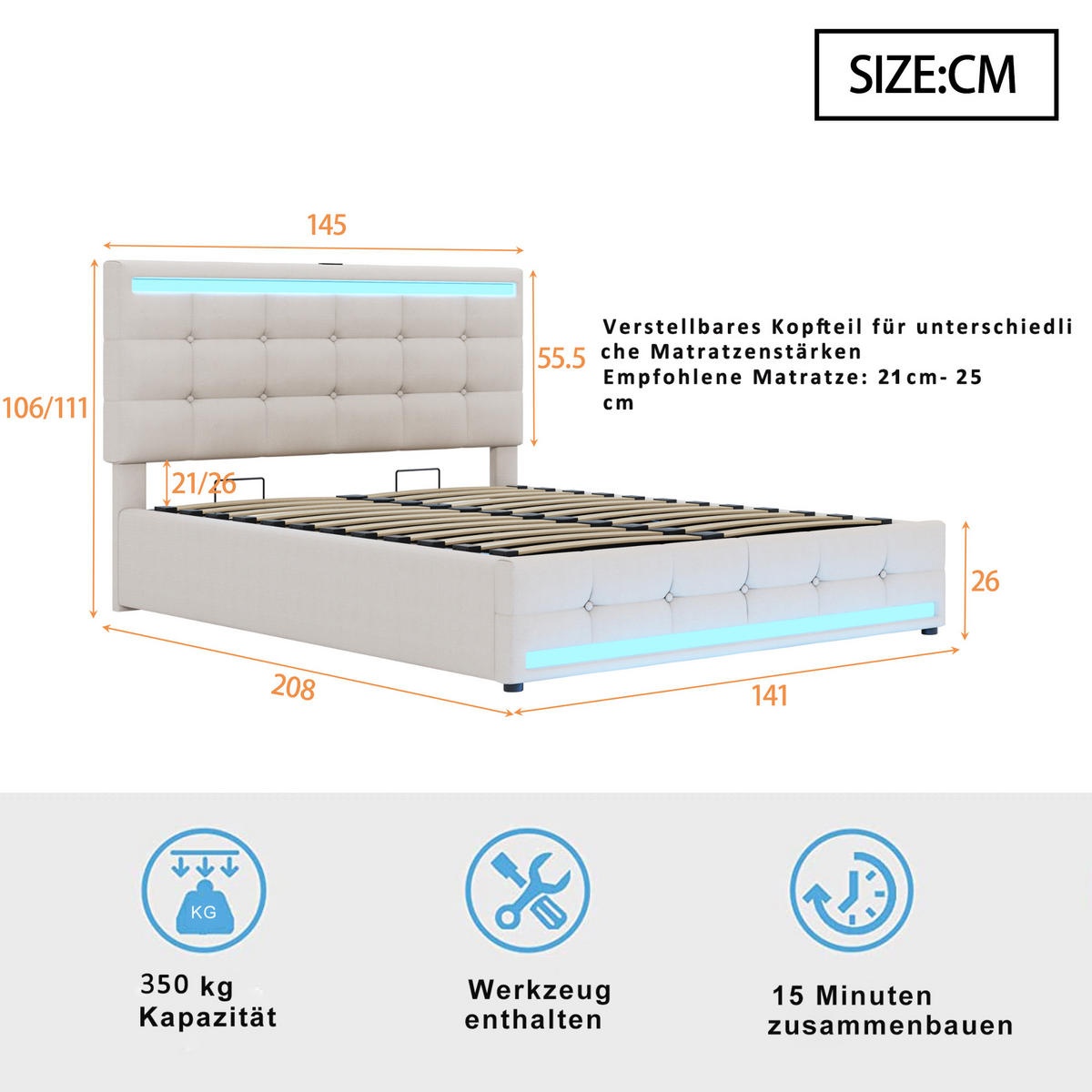 STAURAUMBETT 140/200 cm DE-01576, in Beige, mit LED-Beleuchtung, USB und hydraulischem Bettkasten - Beige, Metall (140/200cm) - ComfortXL