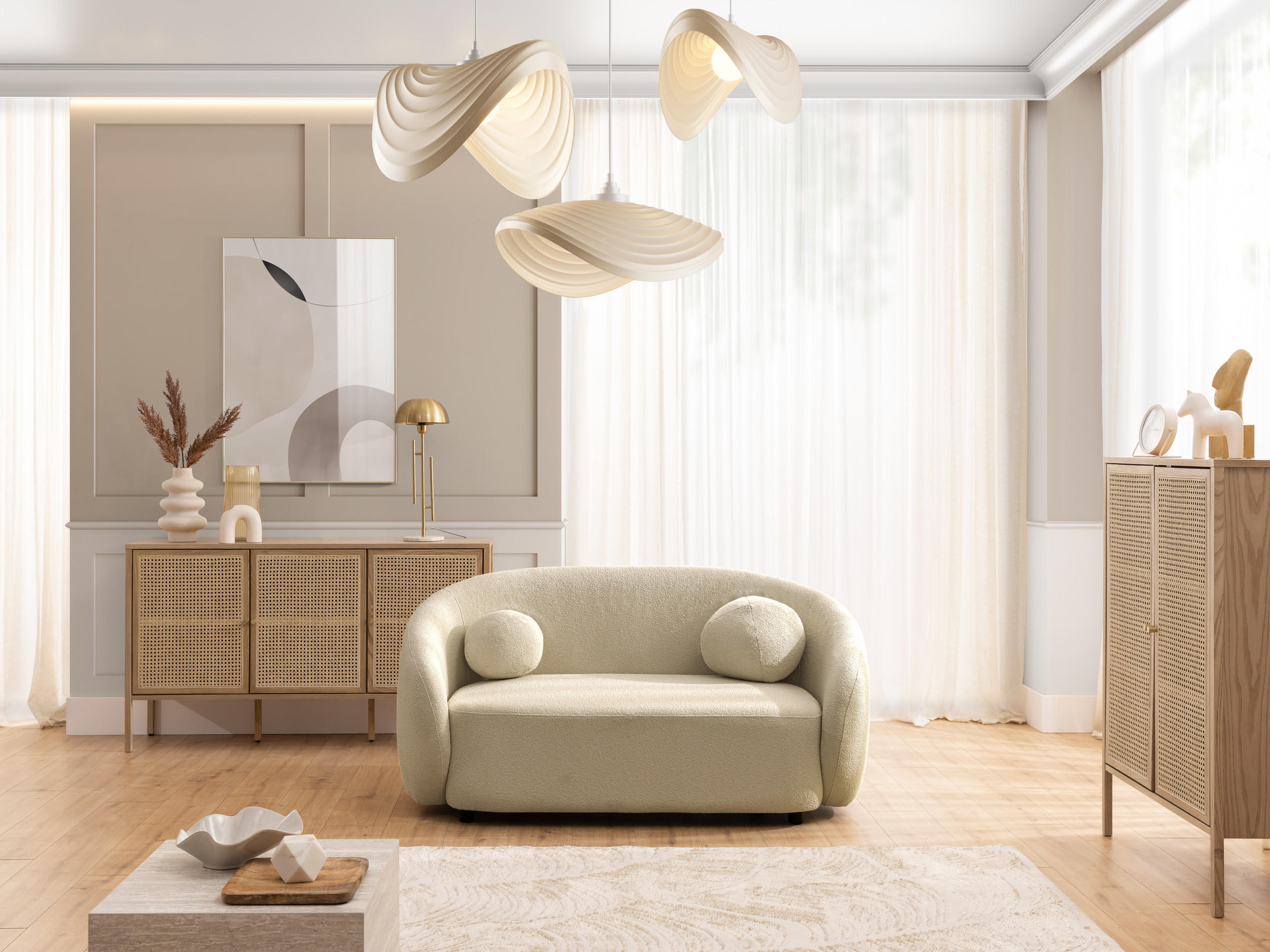 2-SITZER-SOFA Roundi Beige Bouclé - Beige/Schwarz, Holz/Kunststoff (150/76/80cm) - S-Style Möbel