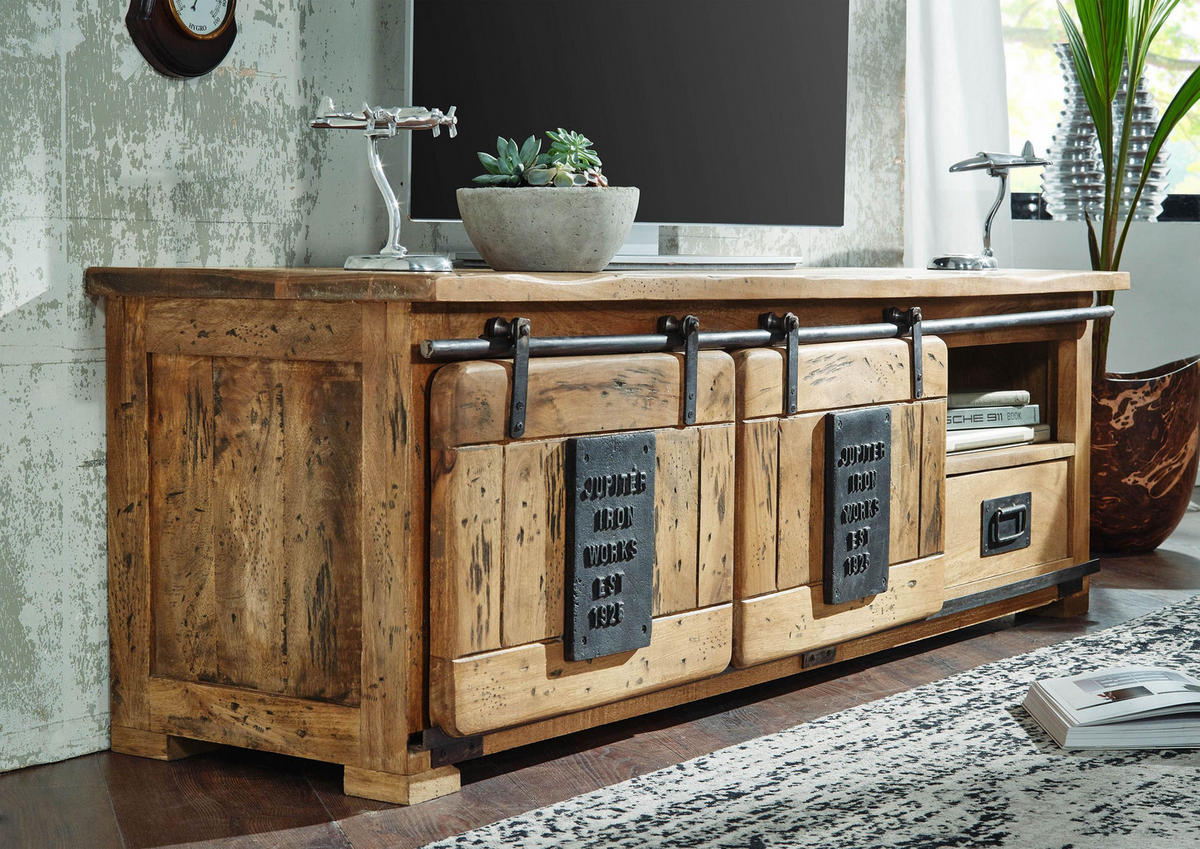 TV-BOARD Mango 160x45x50 natur lackiert RAILWAY #101 - Naturfarben, Holz (160/50/45cm) - Massivmoebel24