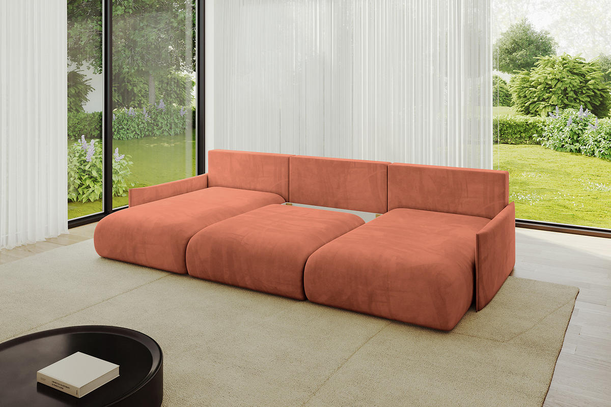 WOHNLANDSCHAFT mit Schlaffunktion und Bettkasten ONESK-U-v1 304x165x40 Apricot Velours - Koralle, Holzwerkstoff/Kunststoff (304/90/165cm) - ALTDECOR