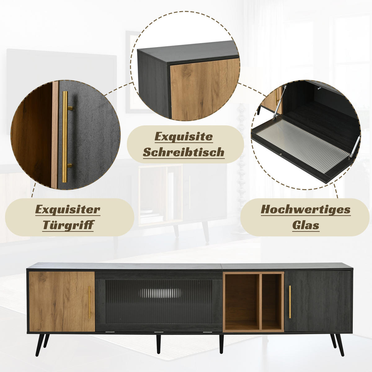 TV-SCHRANK 200x40x55,5 Dunkles Holz Grau 90-Zoll - Grau, Holzwerkstoff (40/55.5/200cm) - FLIEKS