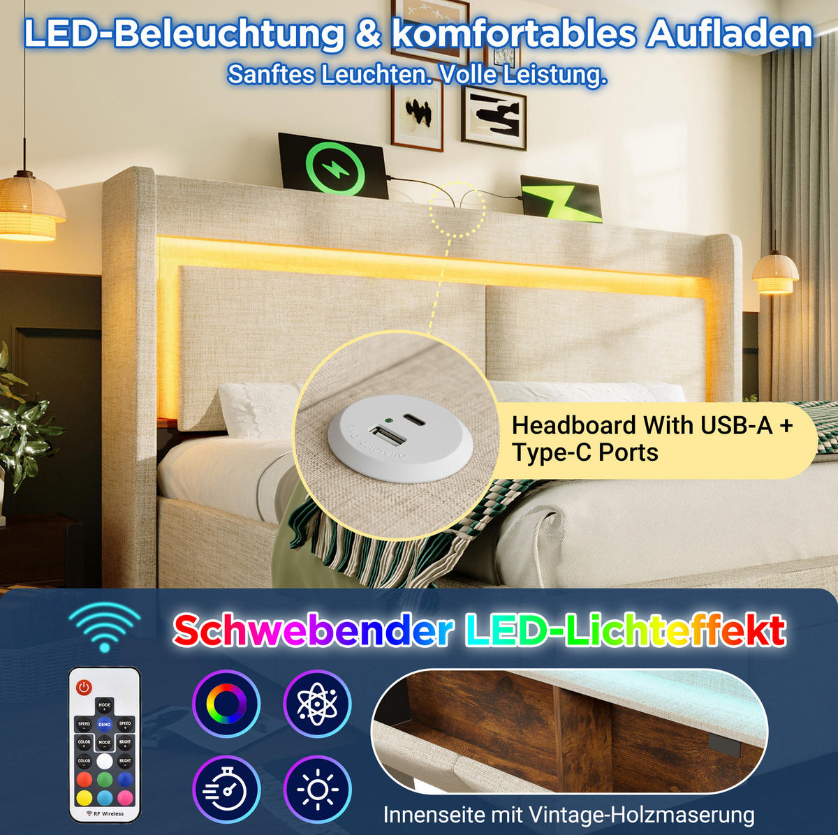 POLSTERBETT 160/200 cm Beige aus Leinen mit Stauraum und LED - Beige, Textil (160/200cm) - OKMYHOME