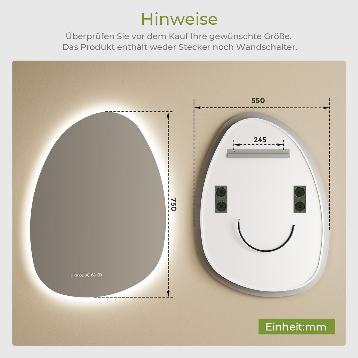 BADSPIEGEL MIT BELEUCHTUNG 75/55 cm asymmetrisch Bluetooth LED mit Antibeschlag - Transparent, Glas (55/75/3cm) - S'AFIELINA
