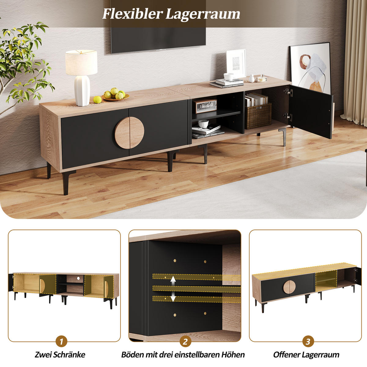 TV-SCHRANK 180x35 Lowboard 2 Türen Ablage Holz Schwarz - Schwarz, Holzwerkstoff (35/49/180cm) - FLIEKS