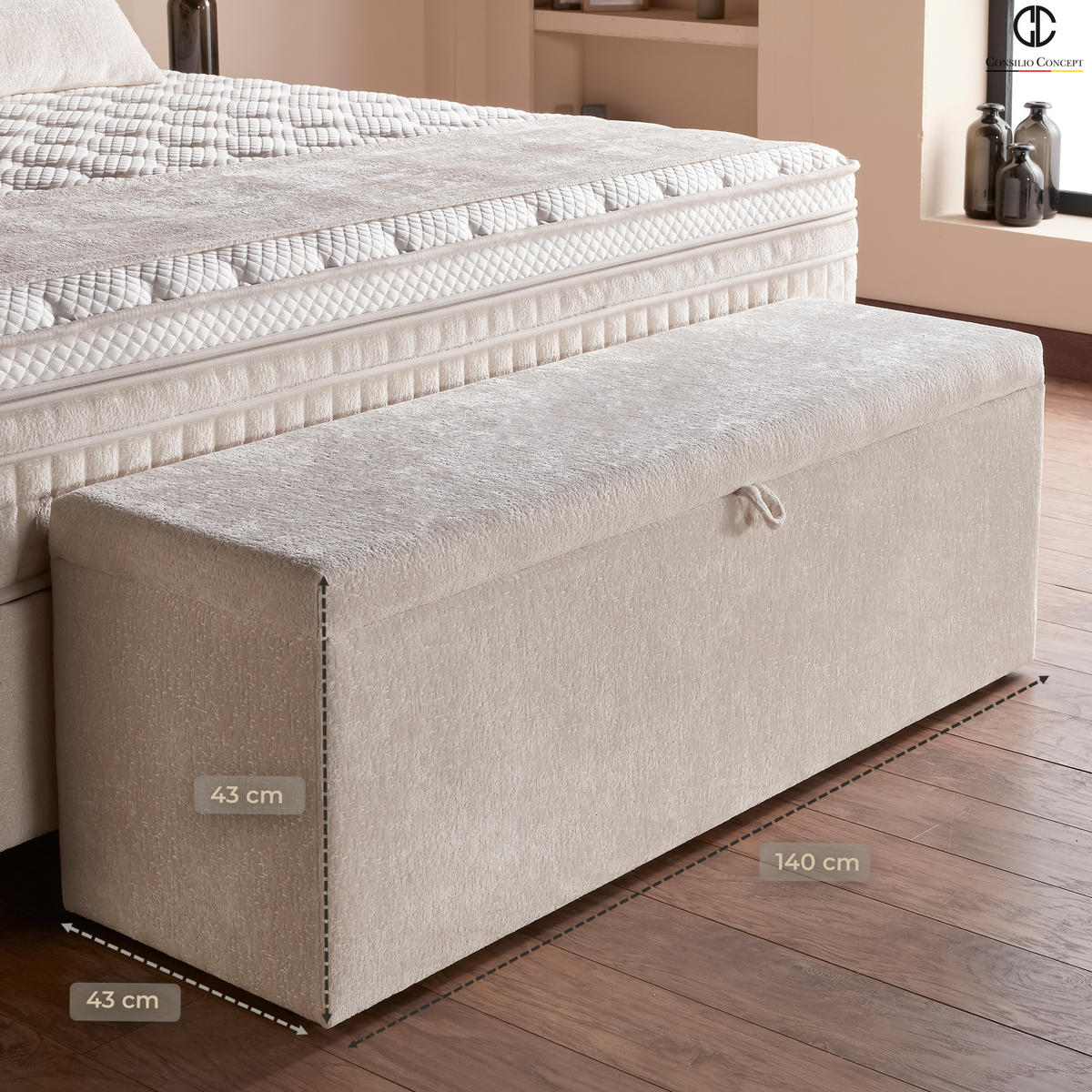 BETTBANK PORTO 140/43/43 cm, Beige, Aufklappbar, mit Stauraum - Beige/Schwarz, Holz/Kunststoff (140/43/43cm) - Consilio Concept