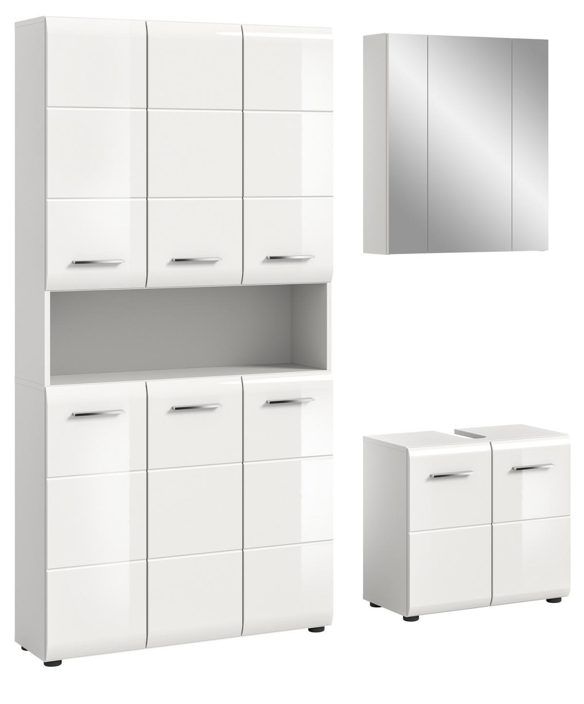 BADMÖBEL SET 3-teilig in weiß Hochglanz Badkombination 165 x 185 cm Cover - Weiß Hochglanz/Silberfarben, Holzwerkstoff/Kunststoff (165/185/30cm) - Inn.Furn