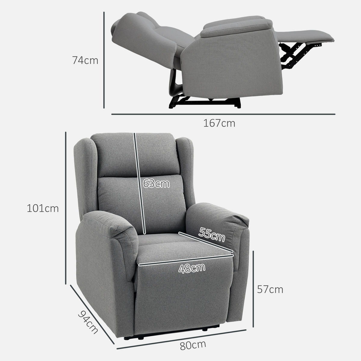 RELAXSESSEL, Fernsehsessel mit Liegefunktion, TV-Sessel mit Taschenfederkern - Dunkelgrau, Textil/Metall (80/101/94cm) - HOMCOM