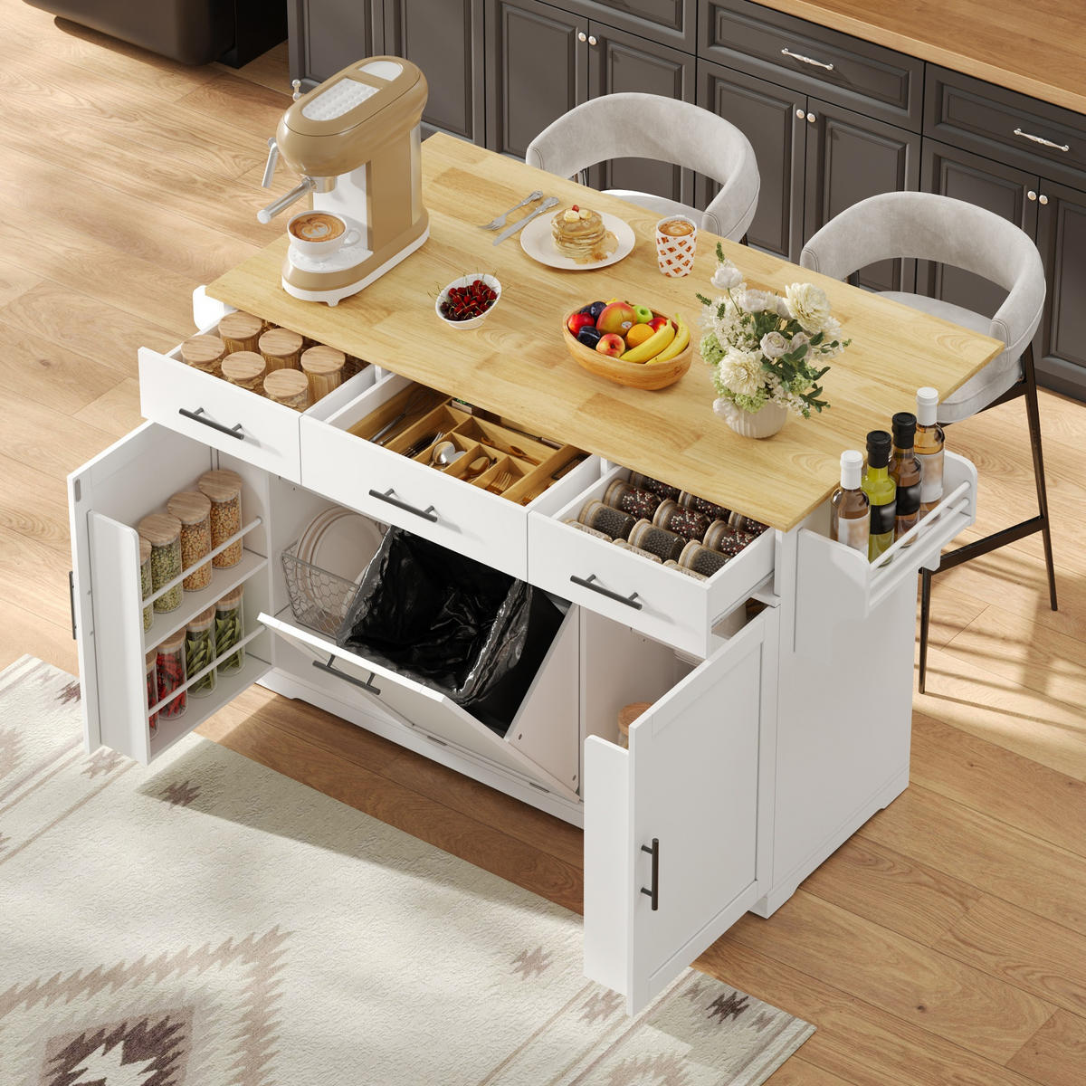 KÜCHENINSEL DE-41372 136/50-75/92 cm, klappbare Arbeitsplatte und Mülleimerschrank Weiß - Weiß, Holzwerkstoff (136/92/75cm) - ComfortXL