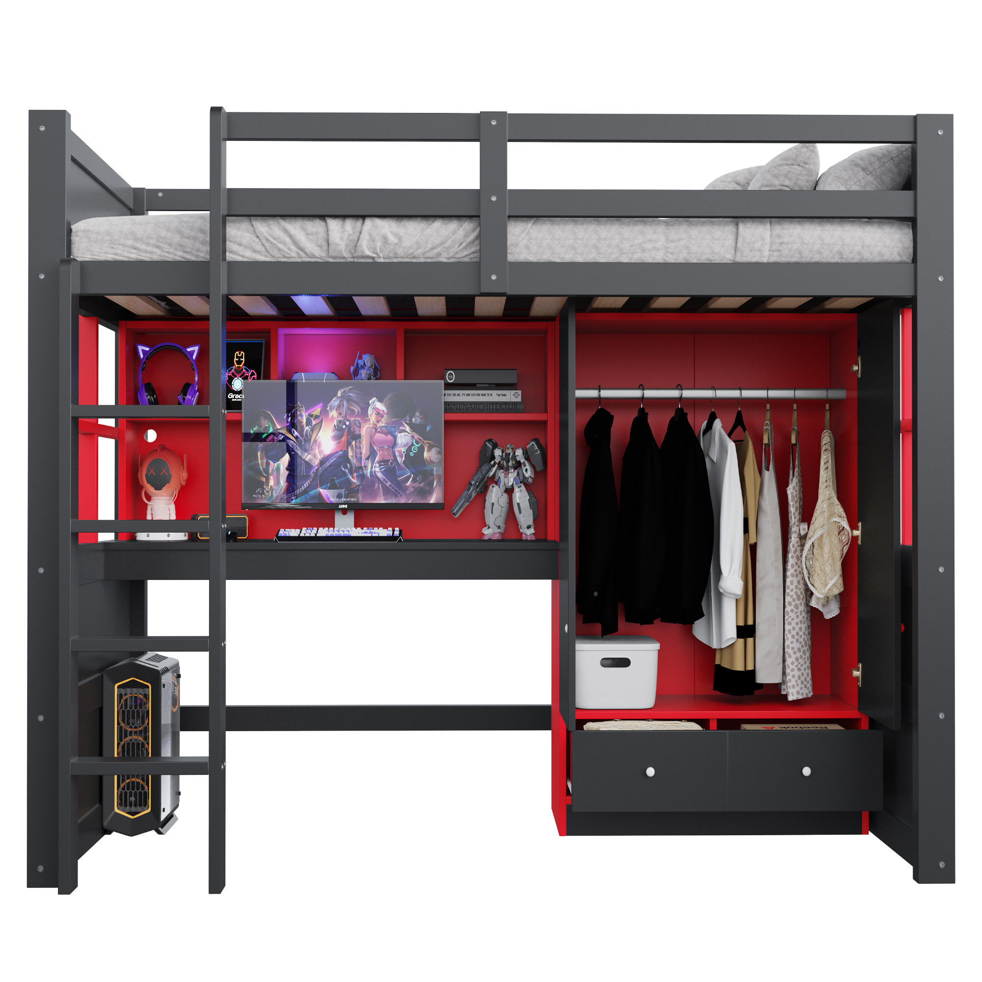 HOCHBETT 90x200cm Gaming Schreibtisch Schrank Stauraum Schwarz - Rot, Holz (90/200cm) - FLIEKS