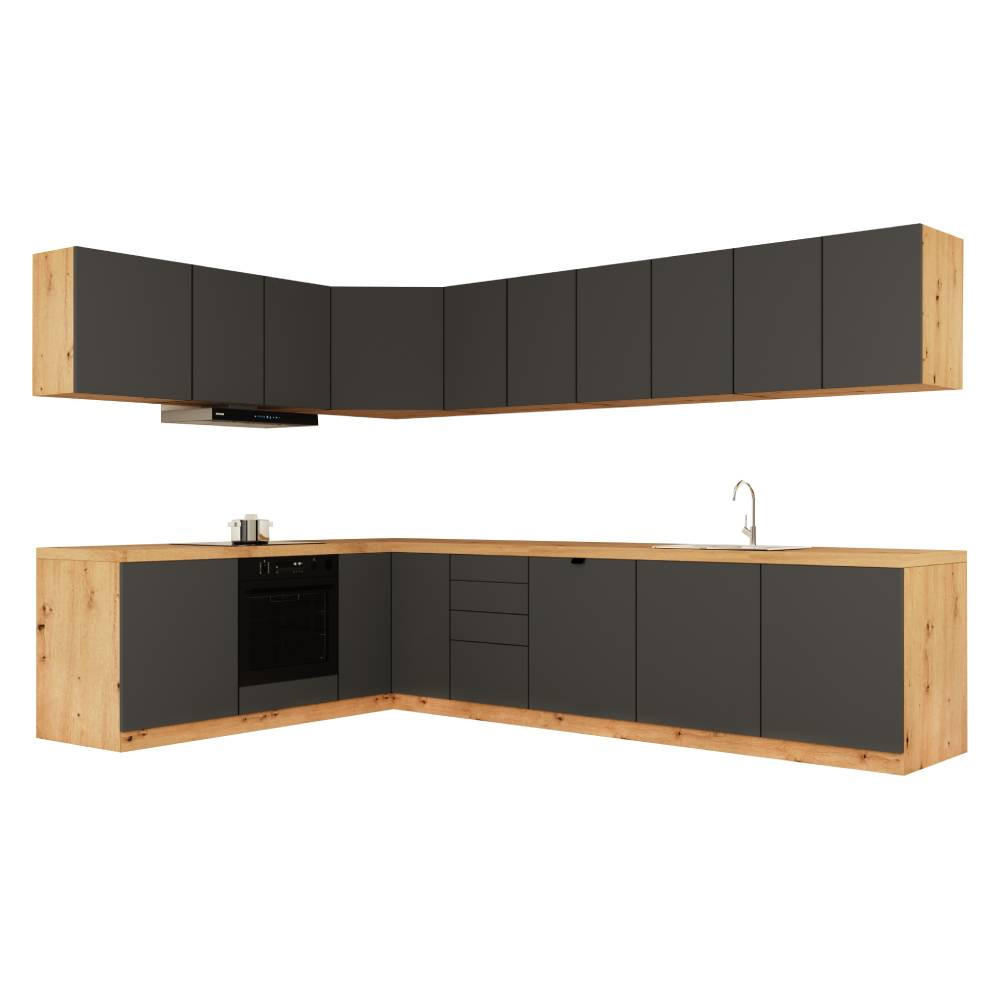 WINKELKÜCHE 300cm x 200cm- Langen KL24-M300 - in Grau/Matt - Grau, Holz (500/212/52cm)