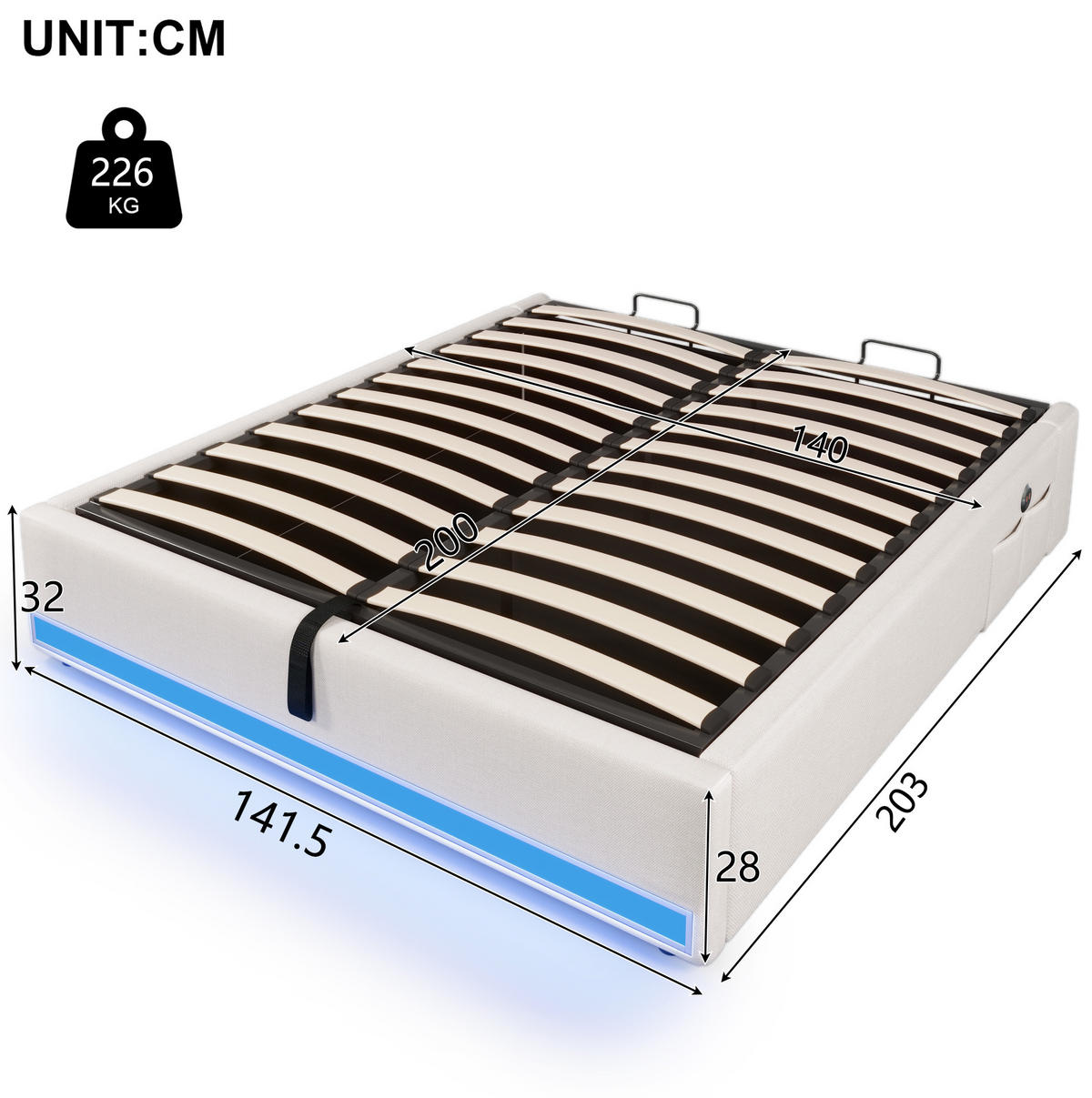 POLSTERBETT mit LED, USB und Stauraum 140x200 cm Leinen Beige - Beige, Metall (140/200cm) - Meubliv