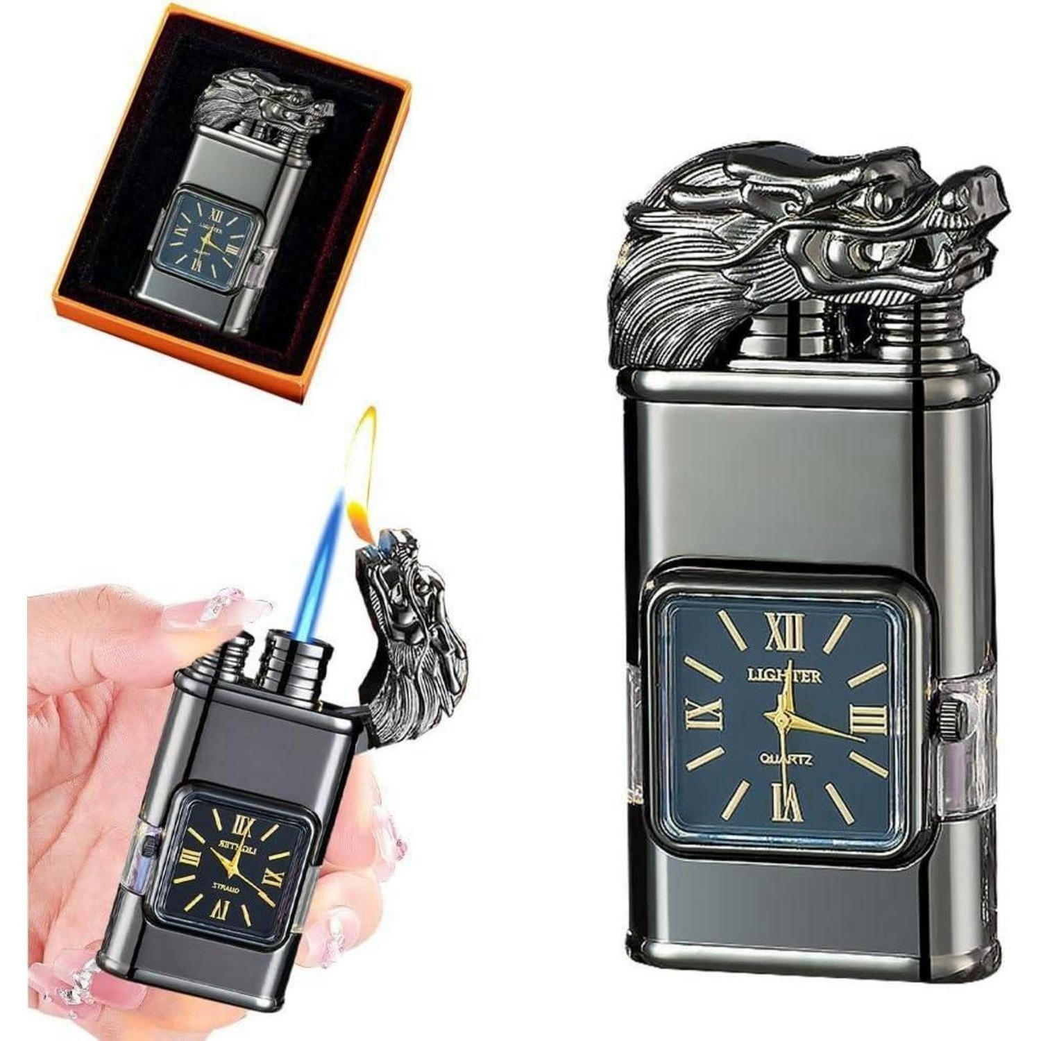 FEUERZEUG mit Uhr Drachen-Design nachfüllbar winddicht - Schwarz, Metall (3/1.8/7.6cm)