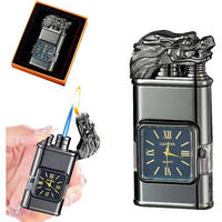 FEUERZEUG mit Uhr Drachen-Design nachfüllbar winddicht - Schwarz, Metall (3/1.8/7.6cm)