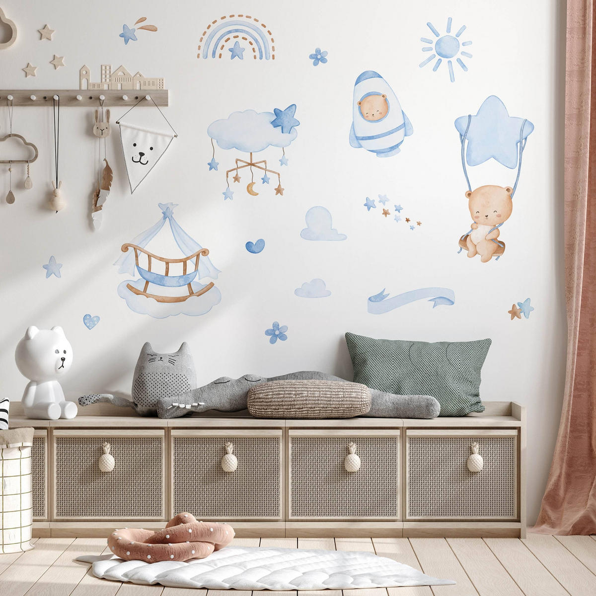 WANDSTICKER Teddybären blaue Wolken Sterne Regenbogen 60x30 - Blau/Beige, Papier (60/30/1cm) - Muralo