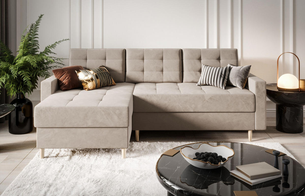 ECKSOFA BARI RN01, Eckcouch in L-Form mit Schlaffunktion, Farbe: Beige, Velourstoff, Ottomane Links - Beige, Textil (224/144cm) - O-Sofa