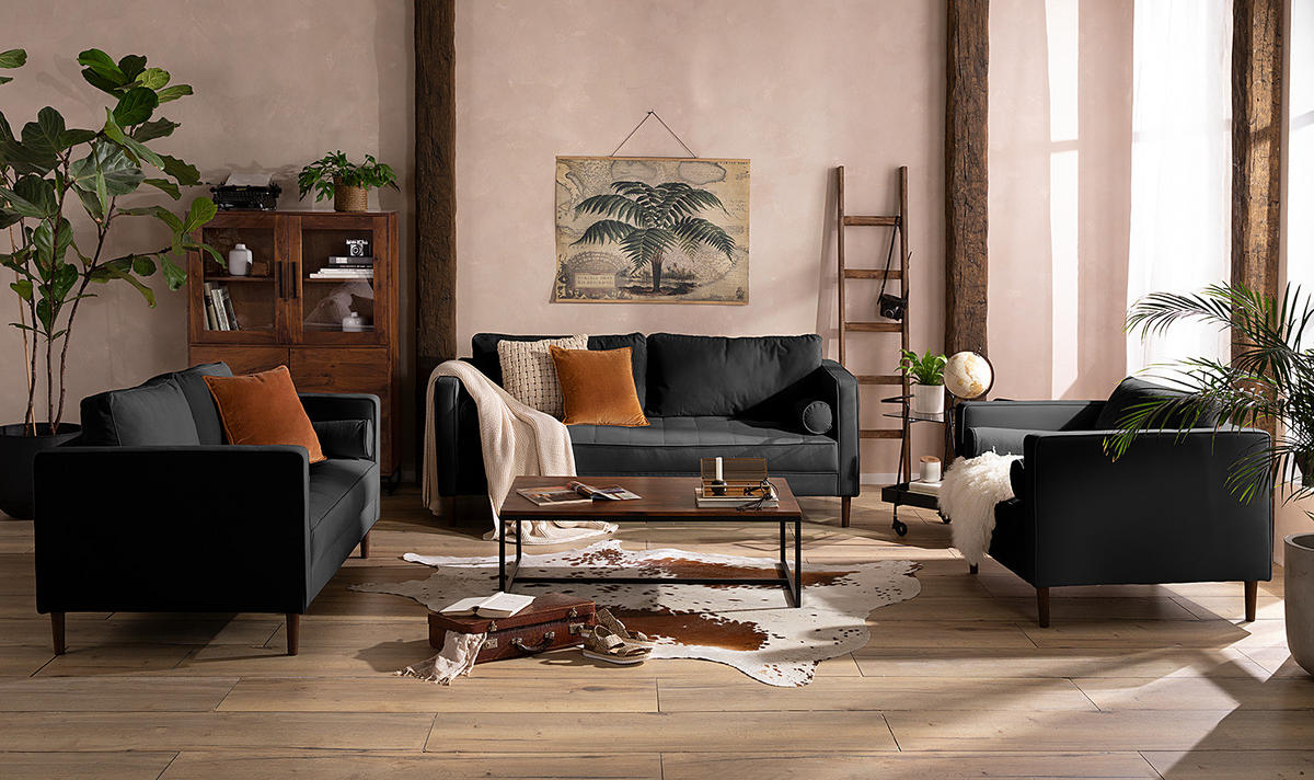 2-SITZER SOFA - Samt - Schwarz, Textil (150/80/86cm) - home24