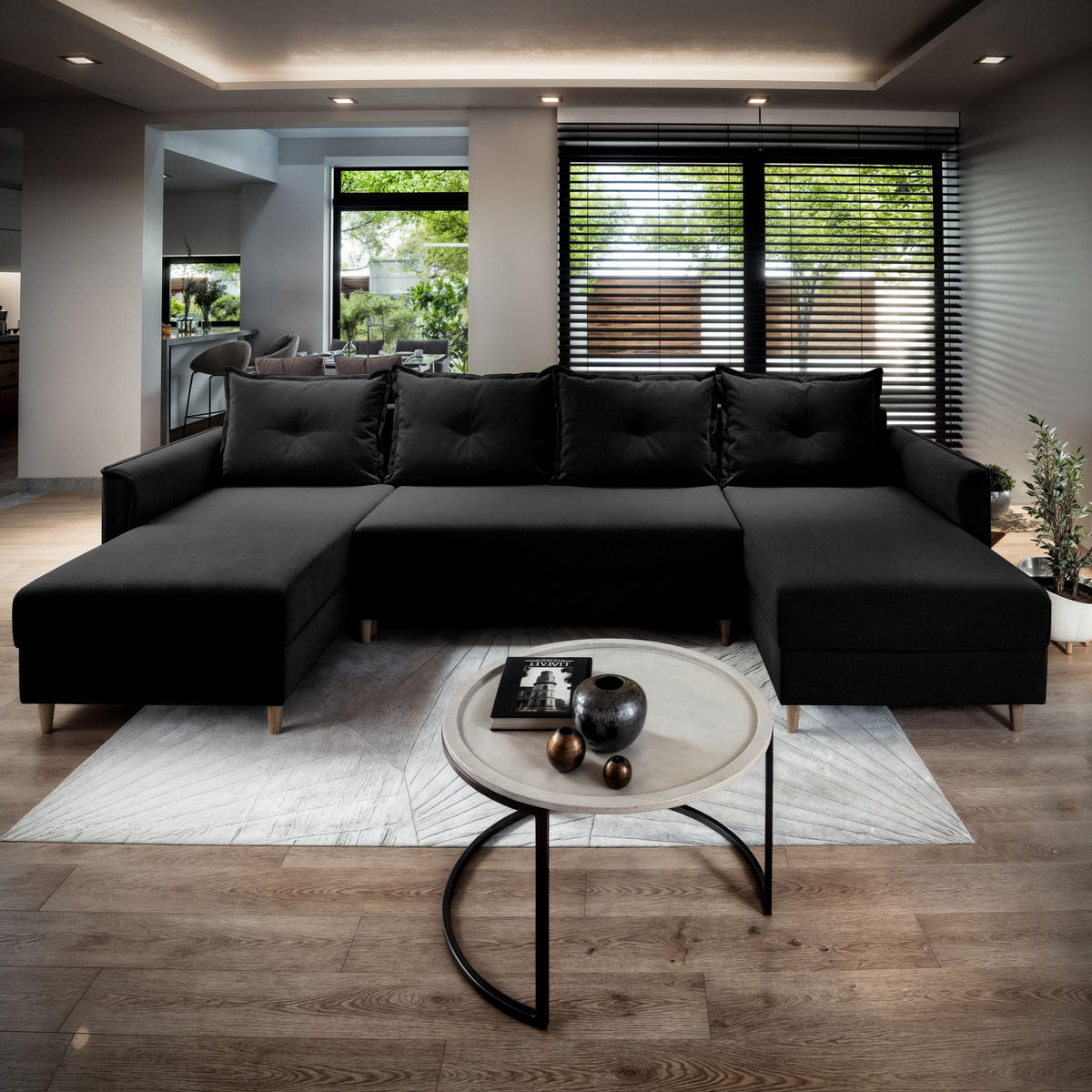 WOHNLANDSCHAFT VERNI Schwarz Plüsch-Stoff mit Schlaffunktion - Schwarz, Holz (285/91/143cm) - MASSENO