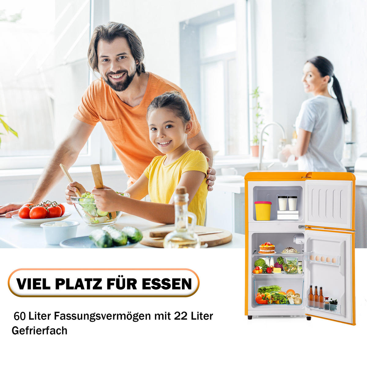 KÜHL-GEFRIER-KOMBINATION 60 l, 22 l Gefriervolumen, 45,5 x 86,8 cm, Energieeffizienzklasse E, Antique Yellow - Gelb, Metall (45.5/88.8/42cm) - FOHERE