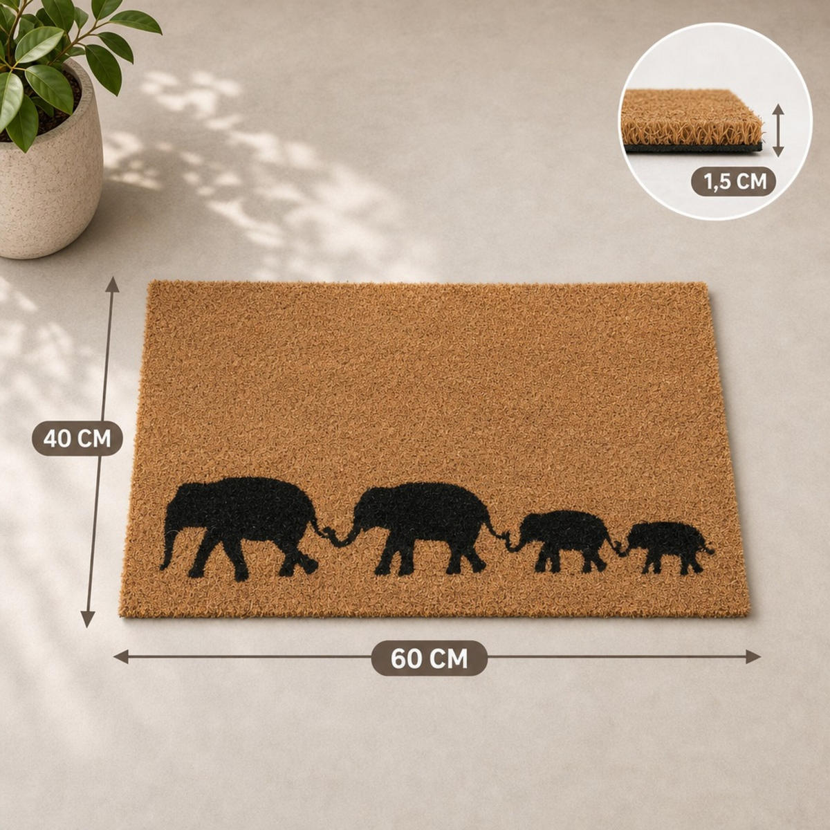 FUSSMATTE Natur Schwarz Kokosfaser Elefantenmotiv - Hellbraun, Kunststoff/Textil (60/40cm) - Relaxdays