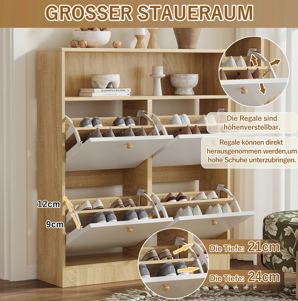 SCHUHSCHRANK 90/24/104,5 cm weiß/natur aus Spanplatte mit 4 Klappen - Naturfarben, Holzwerkstoff (90/104.5/24cm) - OKWISH