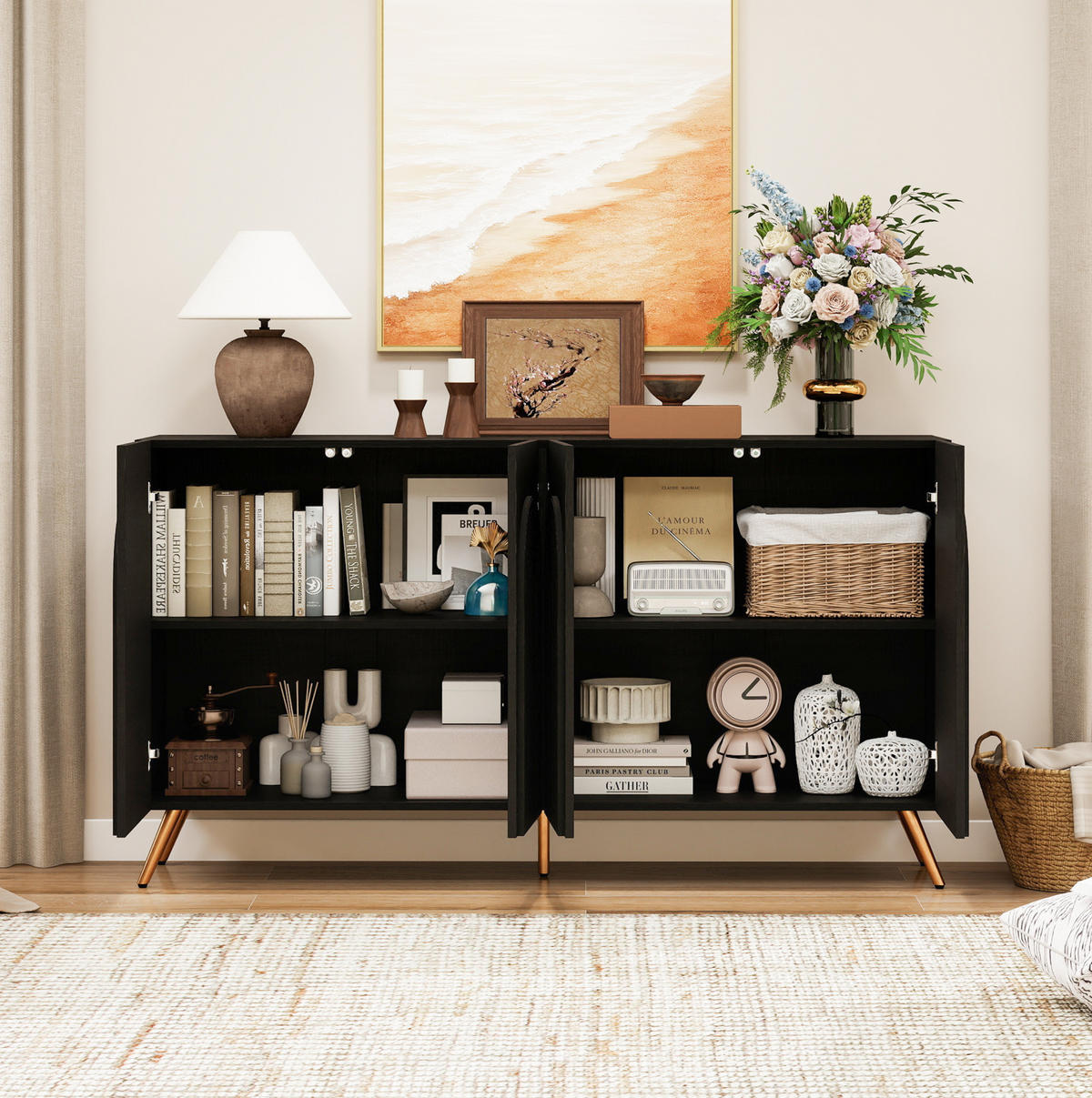 SIDEBOARD in Schwarz im Mid-Century-Stil mit 3D-Rillen & verstellbaren Einlegeböden - Schwarz, Holzwerkstoff (150/83/38cm) - BEAOK