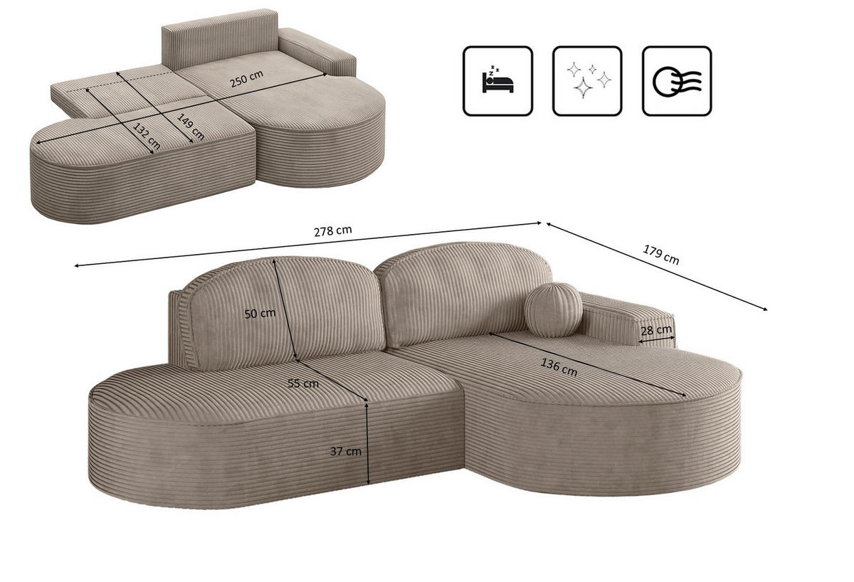 ECKSOFA mit Schlaffunktion und Bettkasten Modena Runden stoff Poso Dunkelbeige Rechts - Cappuccino, Holz/Textil (278/179cm) - Kaiser Möbel