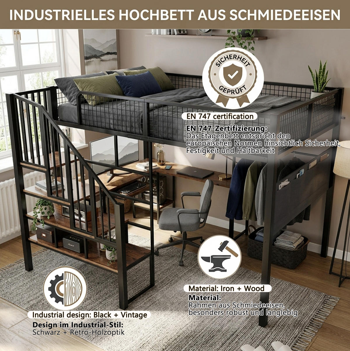 HOCHBETT aus Metall und Holz 140x200 cm Schwarz/Vintage mit Eckschreibtisch, Treppe und Ladeanschluss - Schwarz, Metall (140/200cm) - Modfu
